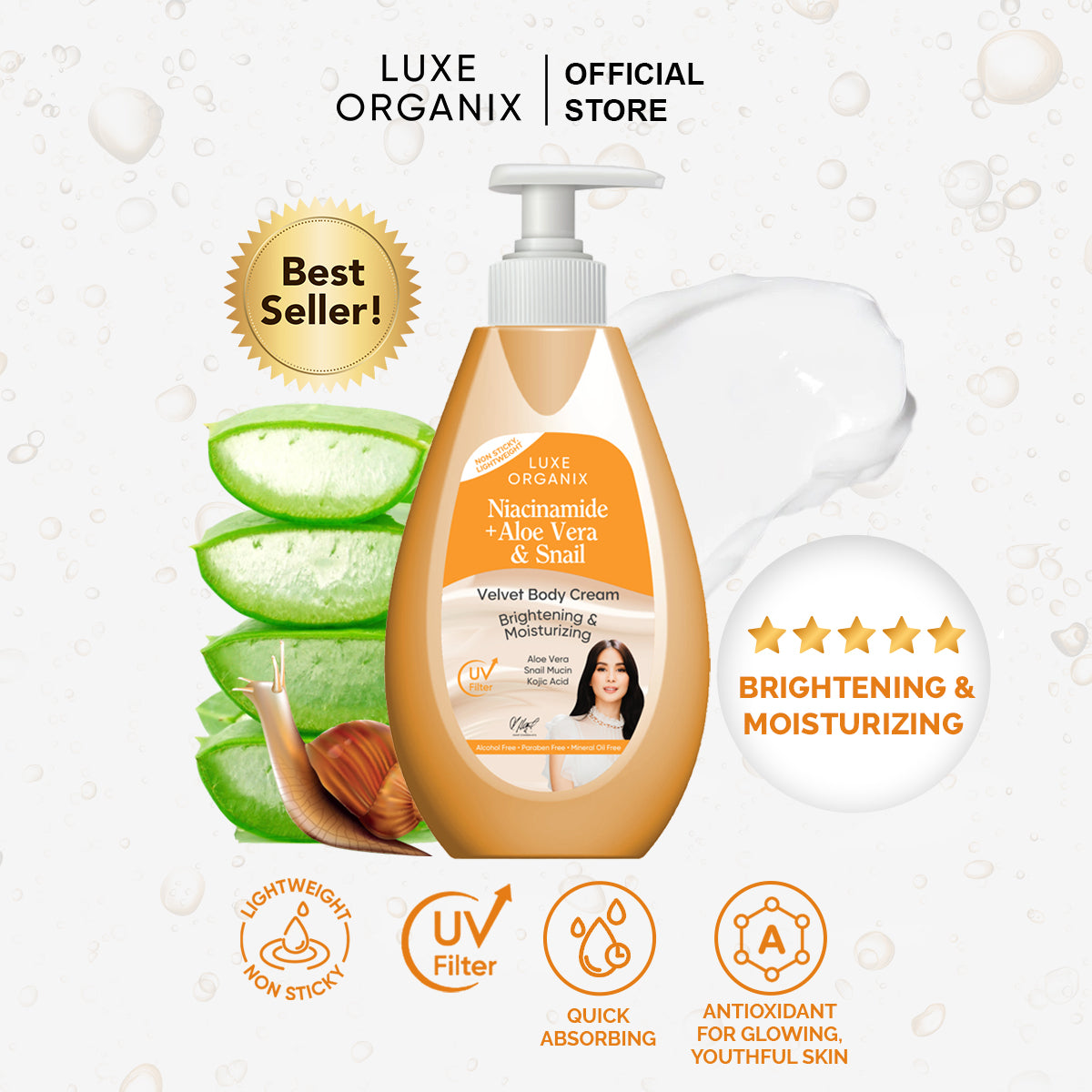 Luxe Organix Niacinamide + Aloe Vera & Snail Velvet Body Cream 400mL