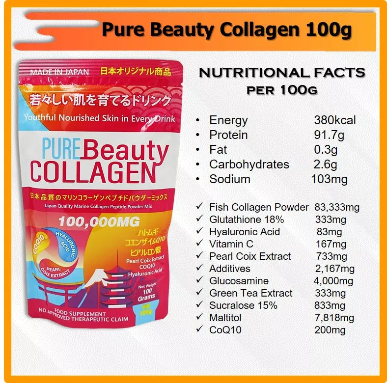 Pure Beauty Collagen Japan Quality Marine Collagen Peptide Powder Mix 100,000mg